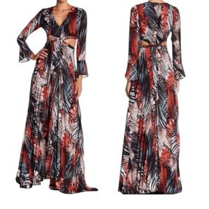 Meghan LA Shalimar Tropical Print Long Sleeve Cut Out Maxi Dress Medium Reg $425